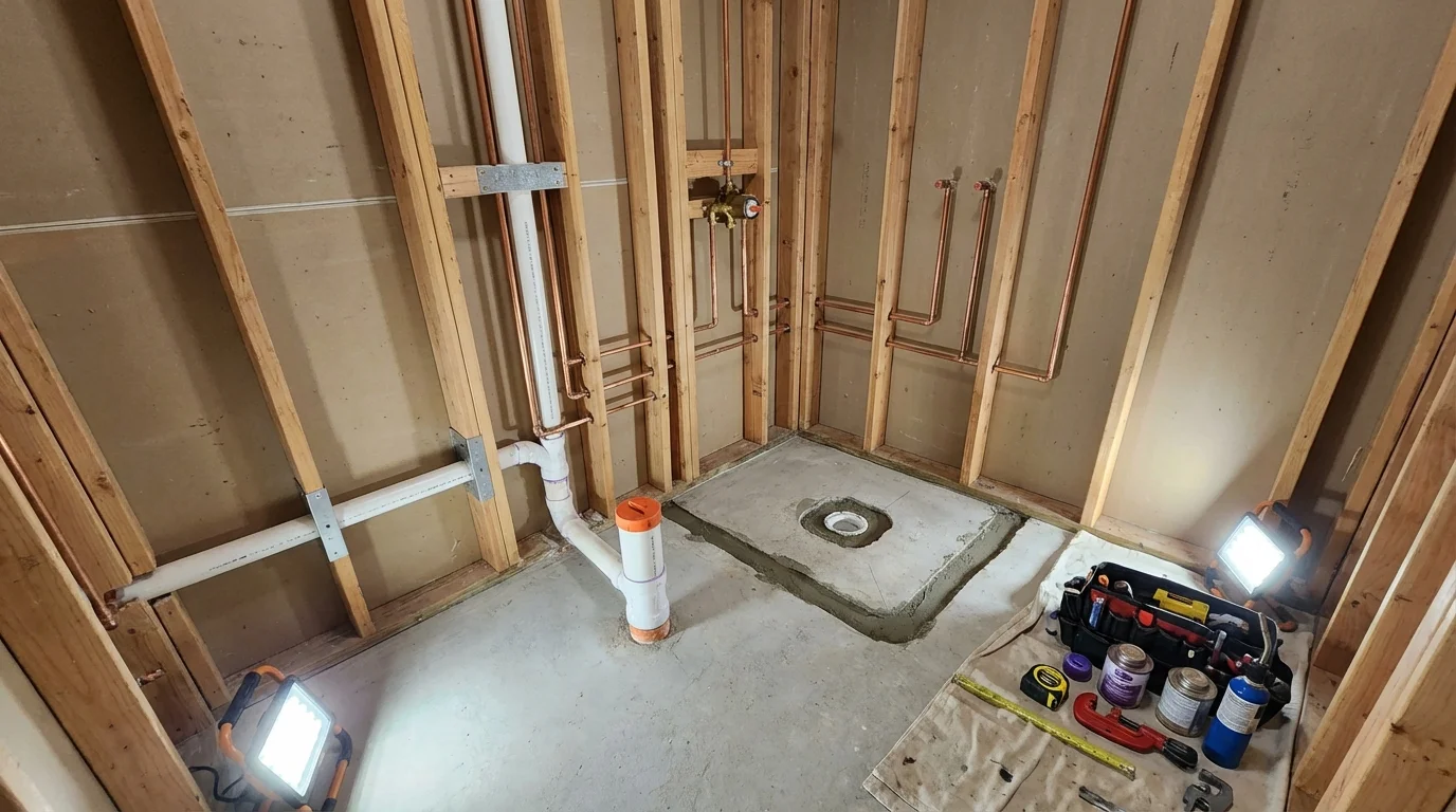 Bathroom rough-in plumbing during remodel by Johns Plumbing LLC in Garnett