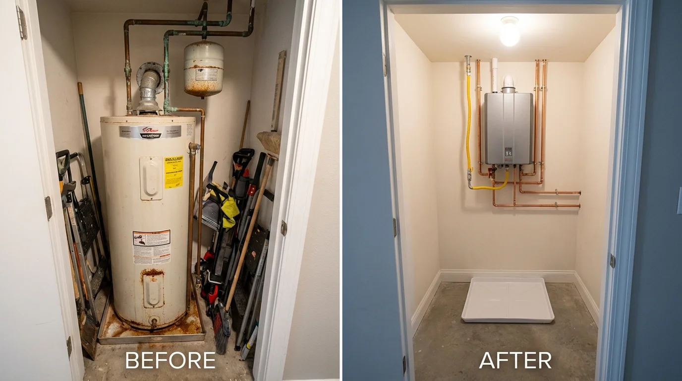 Tank water heater versus wall-mounted tankless unit comparison for Garnett, KS homeowners