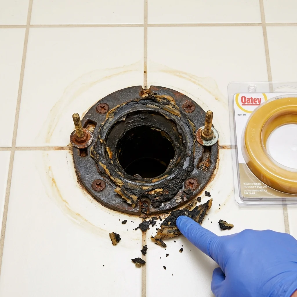 Failed wax ring showing water seepage at the base of a toilet in a Garnett, KS home