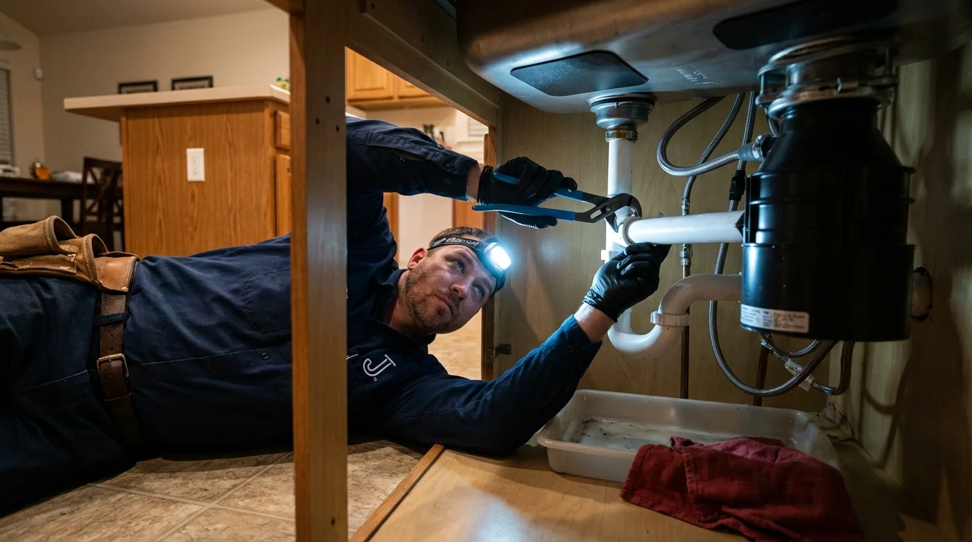 P-trap and supply line connections under a kitchen sink showing a common leak point in Garnett, KS